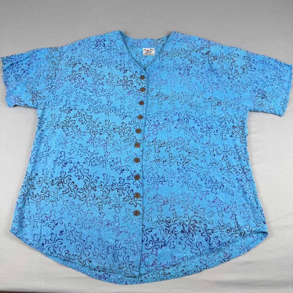 Vintage Young Fashion Short Sleeve Button Down Top Teal Blue Floral Print Size M